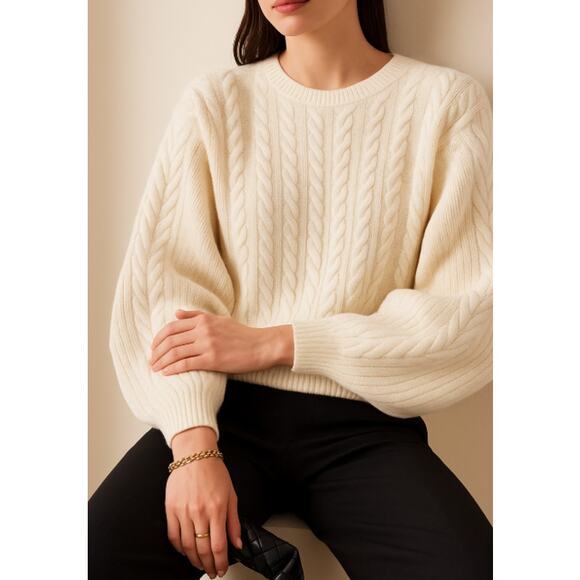 Skull Cashmere Cableknit Sweater Ribbed Crew‎ Neck Merino Wool Size Large Cream - Picture 1 of 6